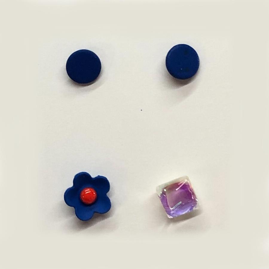 Number28 - 耳環 立體藍花藍心透明方形耳針式抗過敏耳環 282443-細節圖3