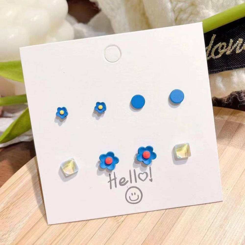 Number28 - 耳環 立體藍花藍心透明方形耳針式抗過敏耳環 282443-細節圖4