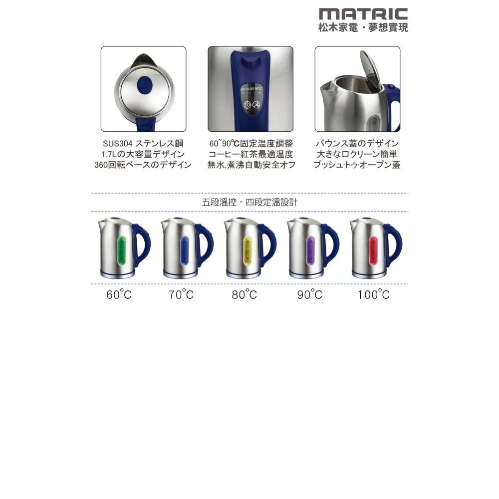 福利品~松木 MATRIC 1.7L 304不鏽鋼 4段定溫、5段控溫快煮壺 (MG-KT1702)-細節圖3
