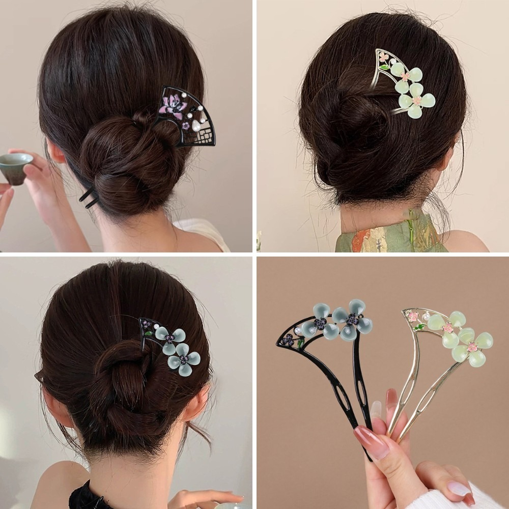 現貨-高質感古風髮簪 U型簪雙叉步搖盤髮簪子髮釵 新中式漢服髮飾 金屬金釵造型頭飾-細節圖2