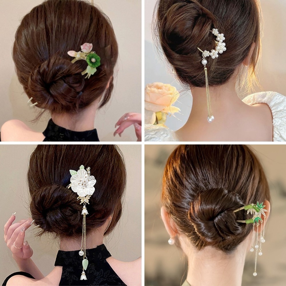 現貨-高質感古風髮簪 U型簪雙叉步搖盤髮簪子髮釵 新中式漢服髮飾 金屬金釵造型頭飾-細節圖3