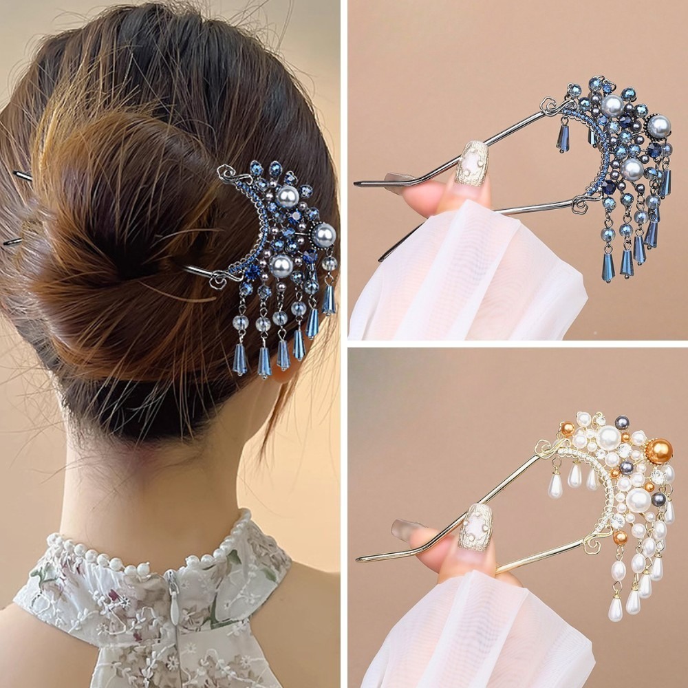 現貨-高質感古風髮簪 U型簪雙叉步搖盤髮簪子髮釵 新中式漢服髮飾 金屬金釵造型頭飾-細節圖5