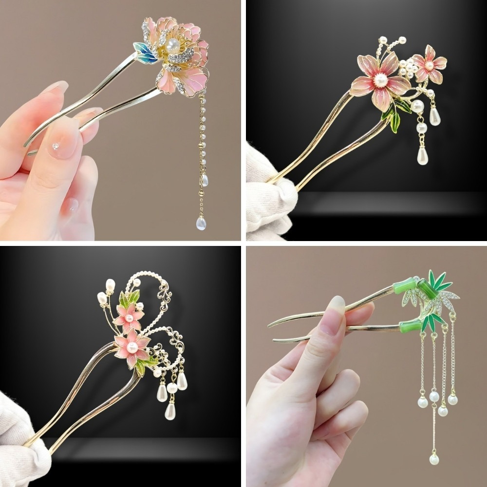 現貨-高質感古風髮簪 U型簪雙叉步搖盤髮簪子髮釵 新中式漢服髮飾 金屬金釵造型頭飾-細節圖6