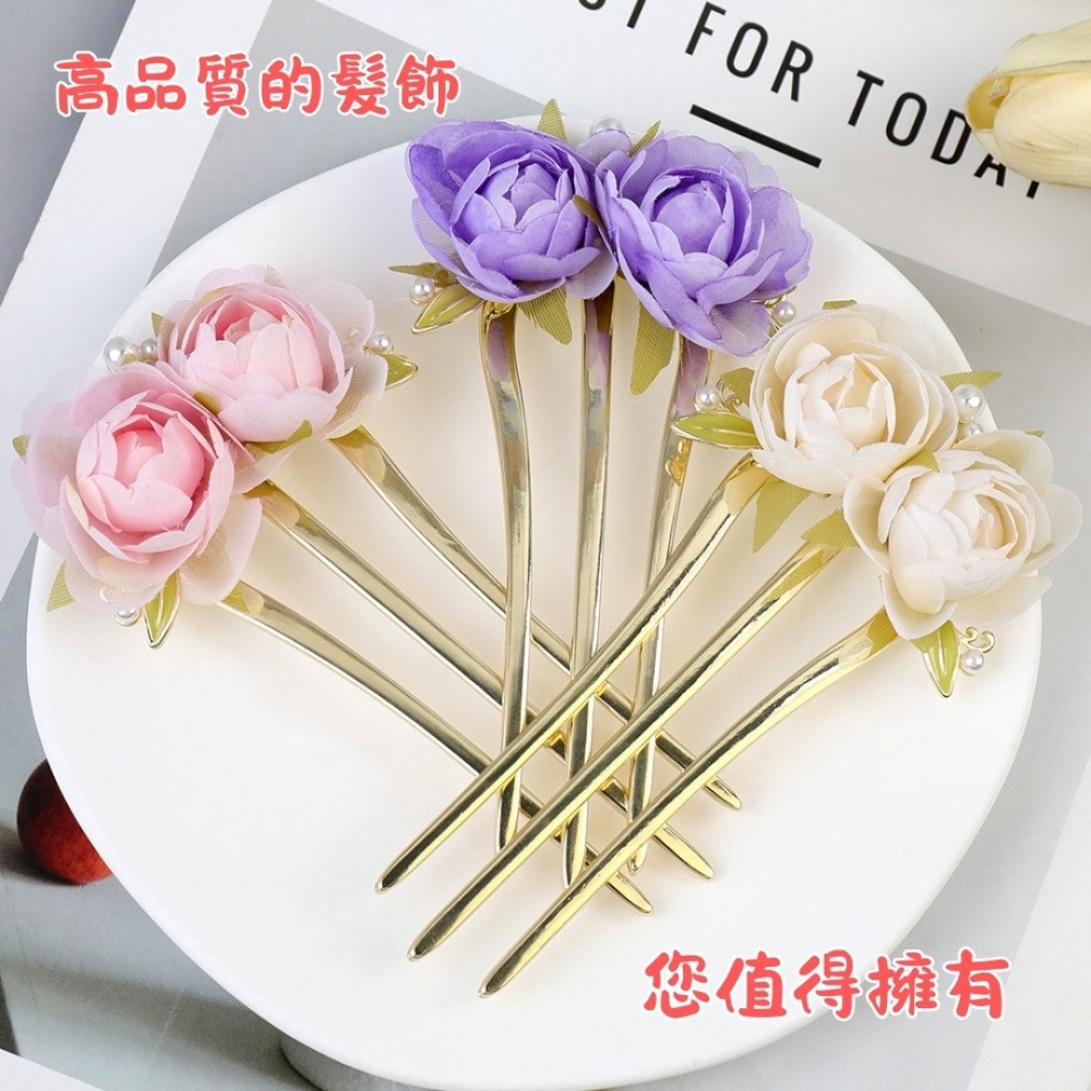 溫柔牡丹花三齒髮簪 金屬髮簪子後腦勺盤髮插梳 新中式玫瑰花氣質盤髮頭飾 髮釵髮叉 古風漢服頭飾髮飾-細節圖2