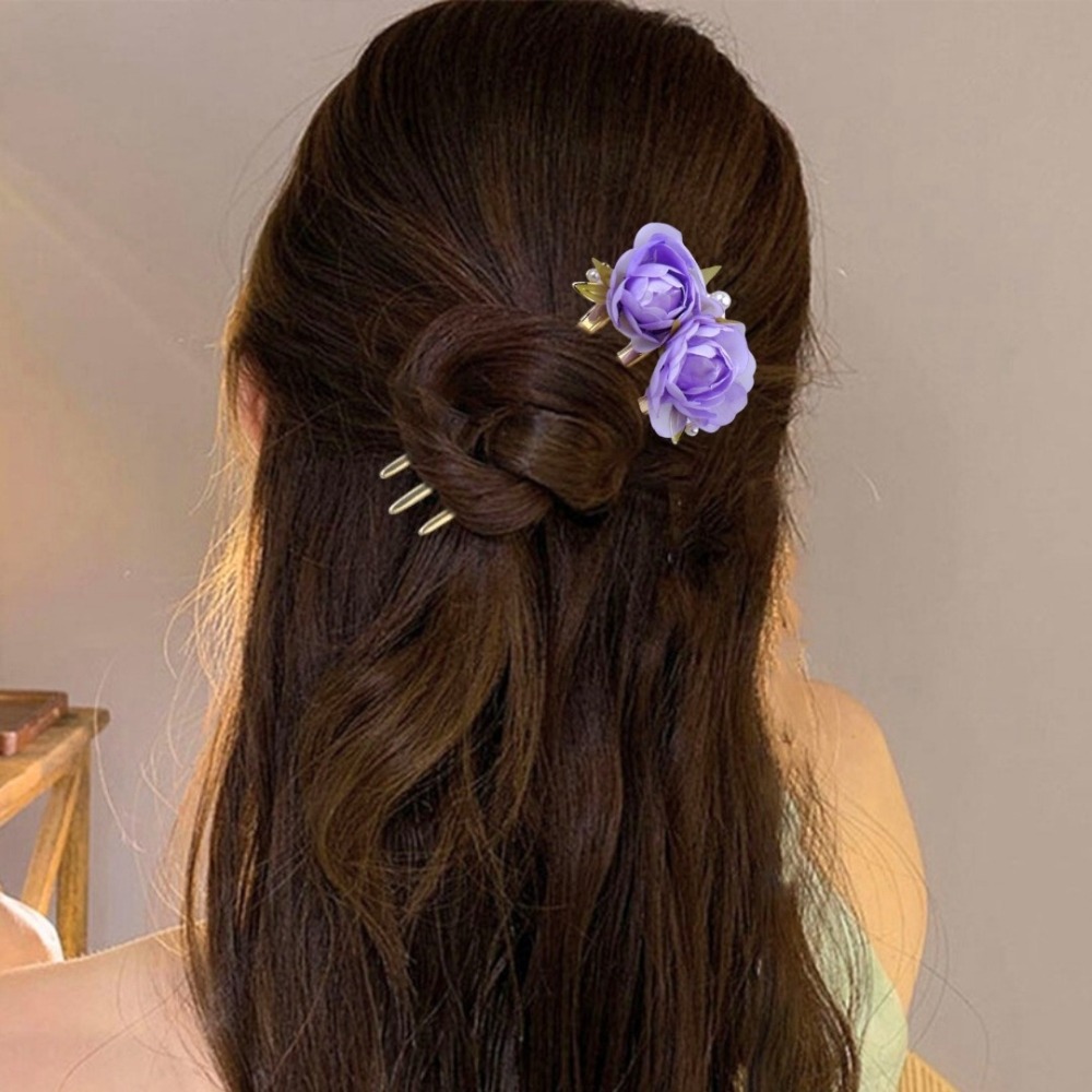 溫柔牡丹花三齒髮簪 金屬髮簪子後腦勺盤髮插梳 新中式玫瑰花氣質盤髮頭飾 髮釵髮叉 古風漢服頭飾髮飾-細節圖3