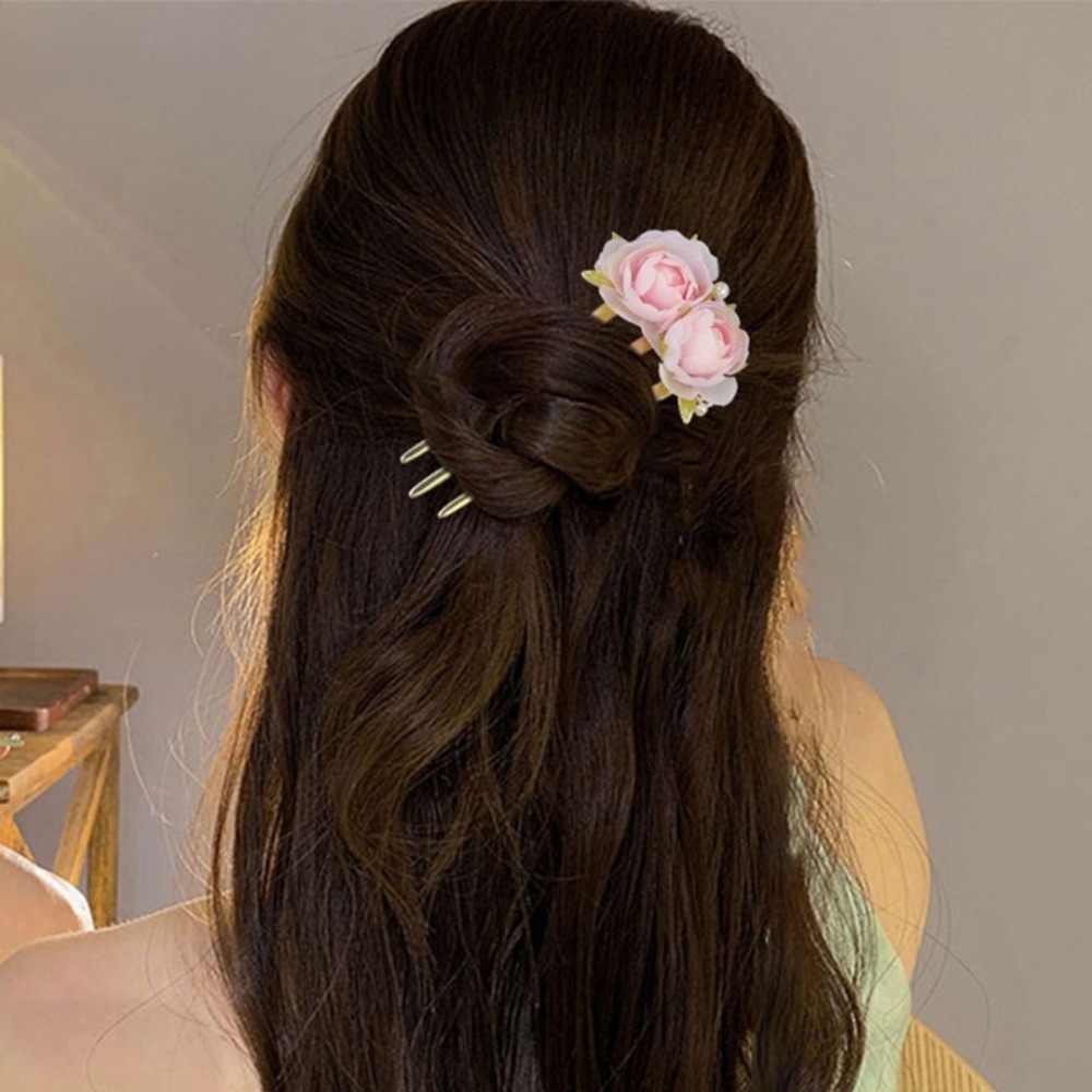 溫柔牡丹花三齒髮簪 金屬髮簪子後腦勺盤髮插梳 新中式玫瑰花氣質盤髮頭飾 髮釵髮叉 古風漢服頭飾髮飾-細節圖5