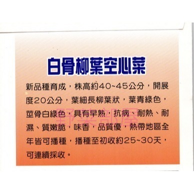 【萌田種子~】A16 白骨柳葉空心菜種子12公克(約300粒) , 耐熱耐溼 , 品質好~-細節圖2