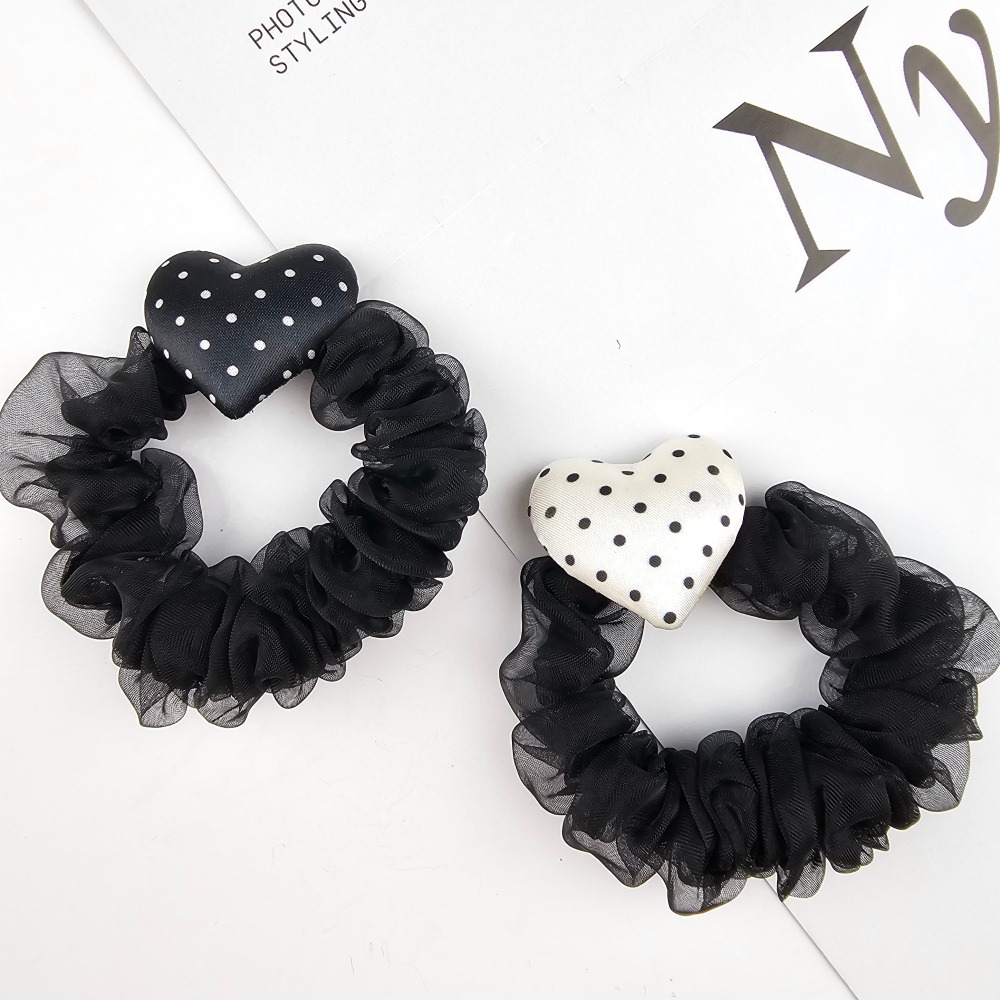 韓國進口 現貨♡ 愛心點點蕾絲大腸圈 韓國飾品 髮圈 髮飾 愛心髮圈-細節圖7