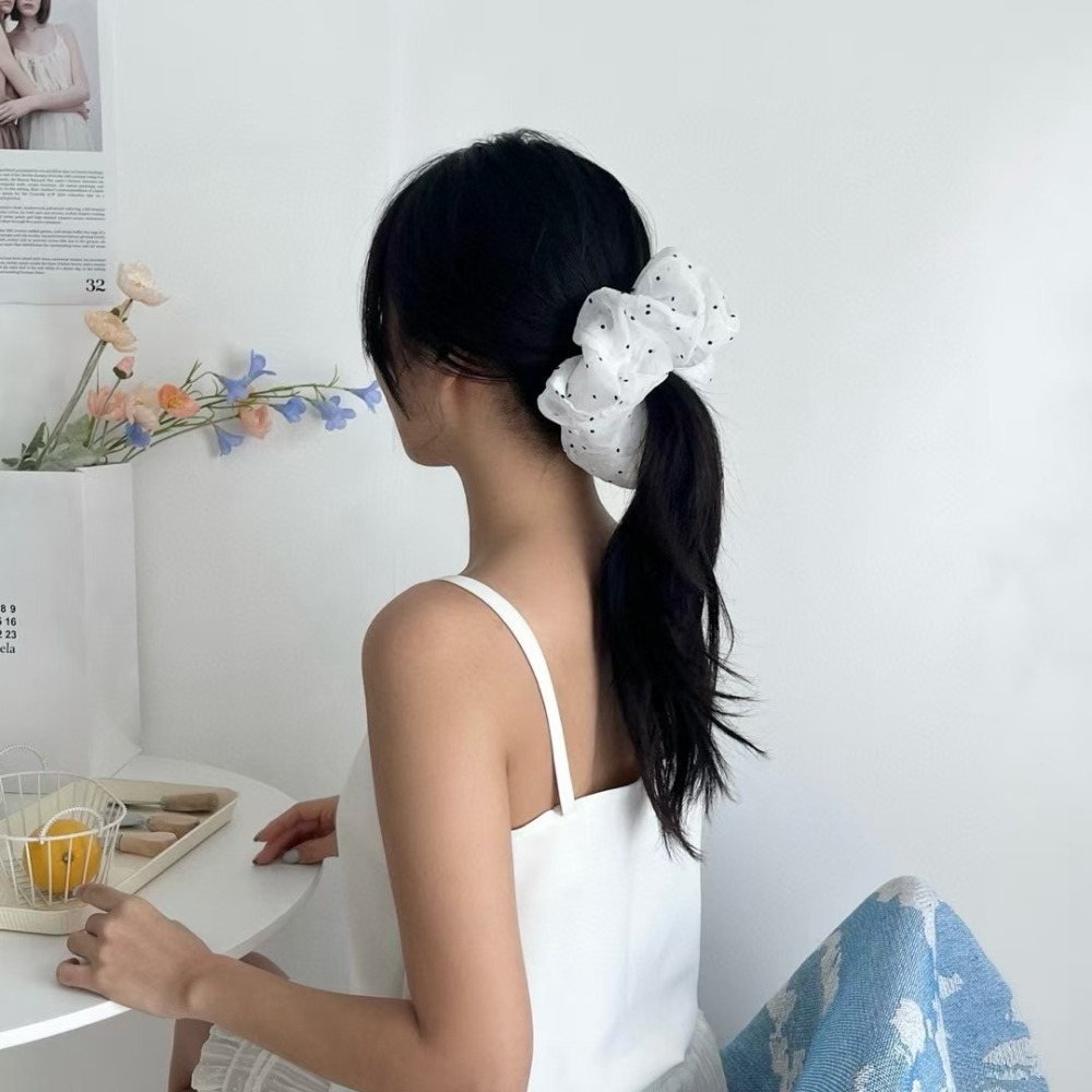 韓國進口 現貨♡ 東大門春夏新款法式紡紗點點大腸髮圈 氣質百搭 韓國髮飾 頭花 髮飾-細節圖4
