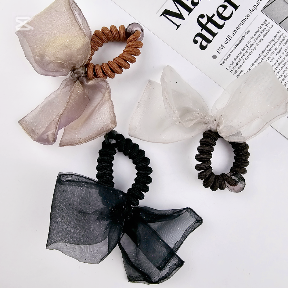 韓國進口 現貨♡ 閃閃網紗蝴蝶結電話線髮圈 韓國髮飾 髮圈 蝴蝶結髮圈-細節圖2