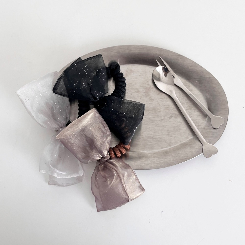 韓國進口 現貨♡ 閃閃網紗蝴蝶結電話線髮圈 韓國髮飾 髮圈 蝴蝶結髮圈-細節圖3