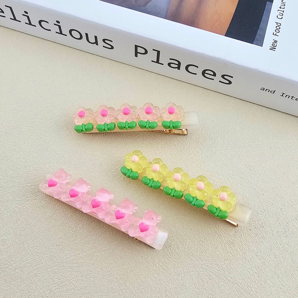 韓國進口 現貨♡ 糖果色花朵小熊髮夾 韓國飾品 壓克力彈簧夾 花朵髮夾 一字夾 邊夾 壓夾 鴨嘴夾-細節圖5
