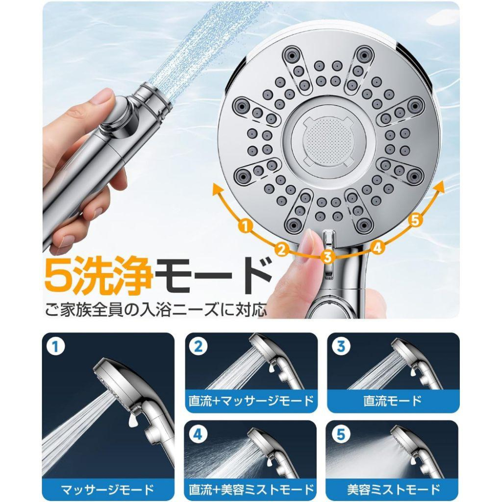 【日本熱銷】EnergyBear 微奈米氣泡蓮蓬頭 5段模式 增壓省水 一鍵止水 附4種轉接頭 淋浴花灑 居家租屋必備-細節圖3