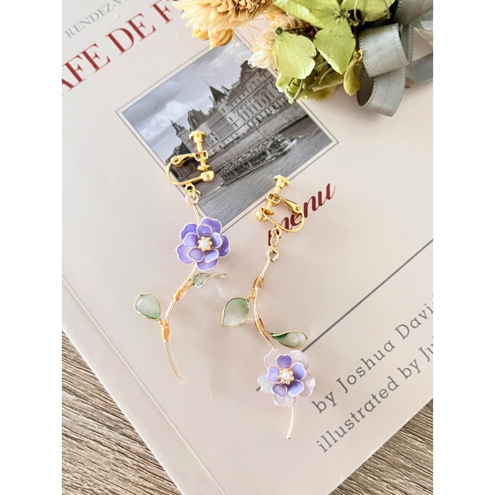 Padico 星之雫 星の雫# UV膠 水晶花 繞線 不對稱紫系櫻花🌸耳環 客製化商品-細節圖2
