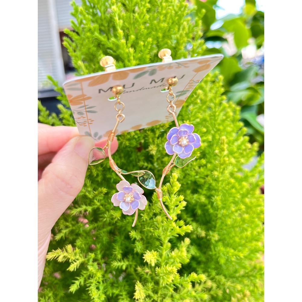 Padico 星之雫 星の雫# UV膠 水晶花 繞線 不對稱紫系櫻花🌸耳環 客製化商品-細節圖4