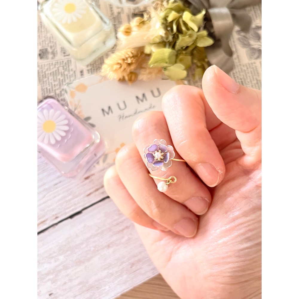 UV膠 水晶花 銅線花 藝術線 棉珍珠櫻花🌸戒指💍 可微調-細節圖3