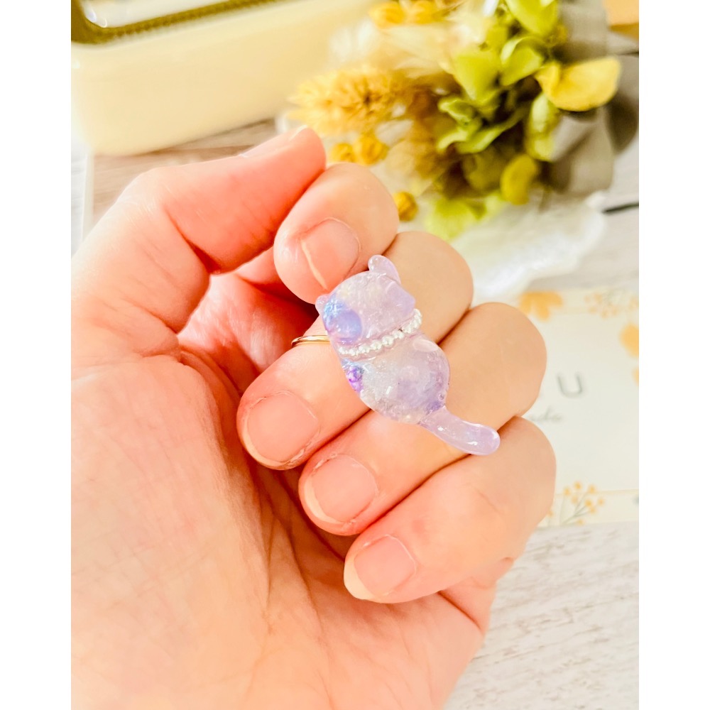 Padico 星之雫 星の雫# UV膠 乾燥真花 珠光淡紫長尾貓咪🐱戒指💍 可微調-細節圖2