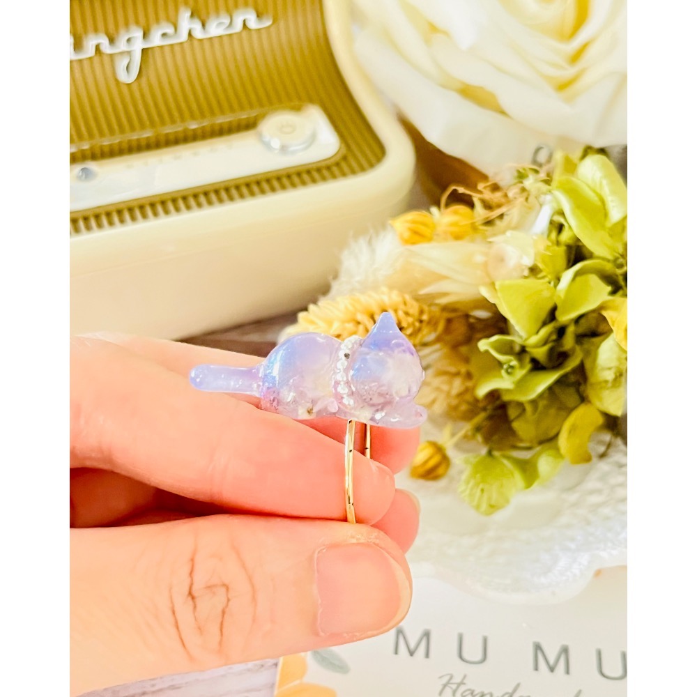 Padico 星之雫 星の雫# UV膠 乾燥真花 珠光淡紫長尾貓咪🐱戒指💍 可微調-細節圖3