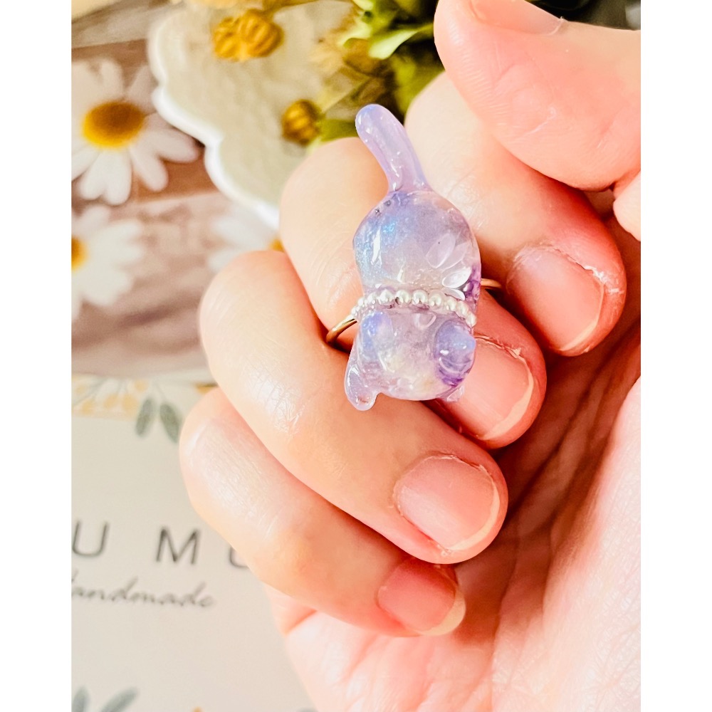 Padico 星之雫 星の雫# UV膠 乾燥真花 珠光淡紫長尾貓咪🐱戒指💍 可微調-細節圖4