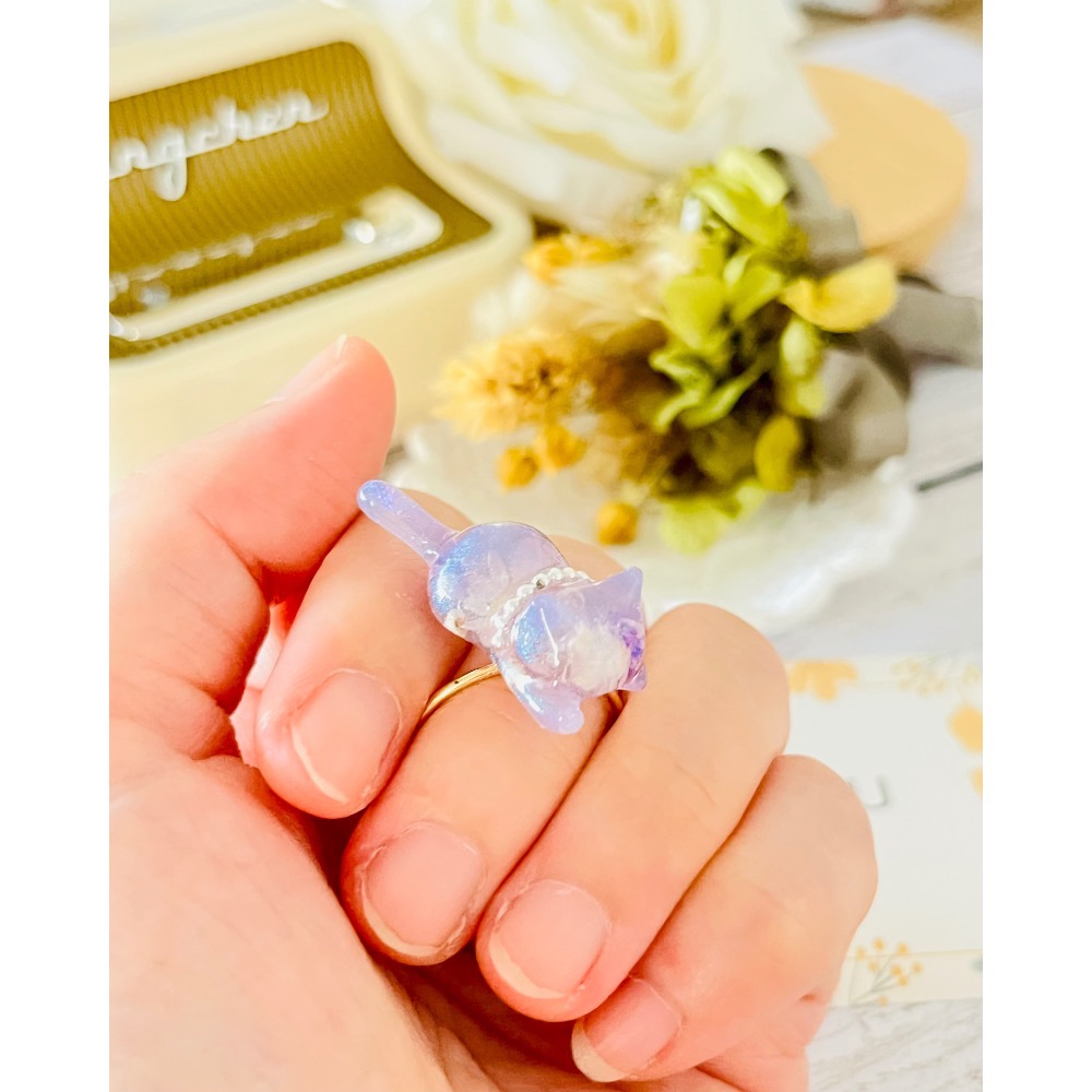 Padico 星之雫 星の雫# UV膠 乾燥真花 珠光淡紫長尾貓咪🐱戒指💍 可微調-細節圖5