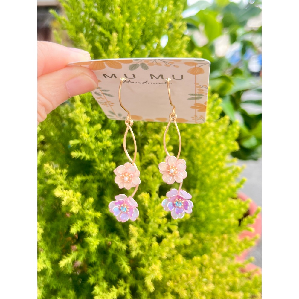 Padico 星之雫 星の雫# UV膠 水晶花 珠光粉櫻花耳環 耳針 耳夾 客製化商品-細節圖2