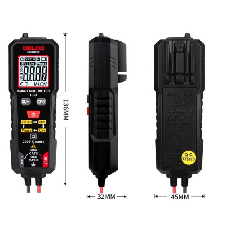 德力西 迷你萬用電錶H33 智慧電表 NCV量測升級款 可直接安裝表筆測量 背部表筆收納設計-細節圖6