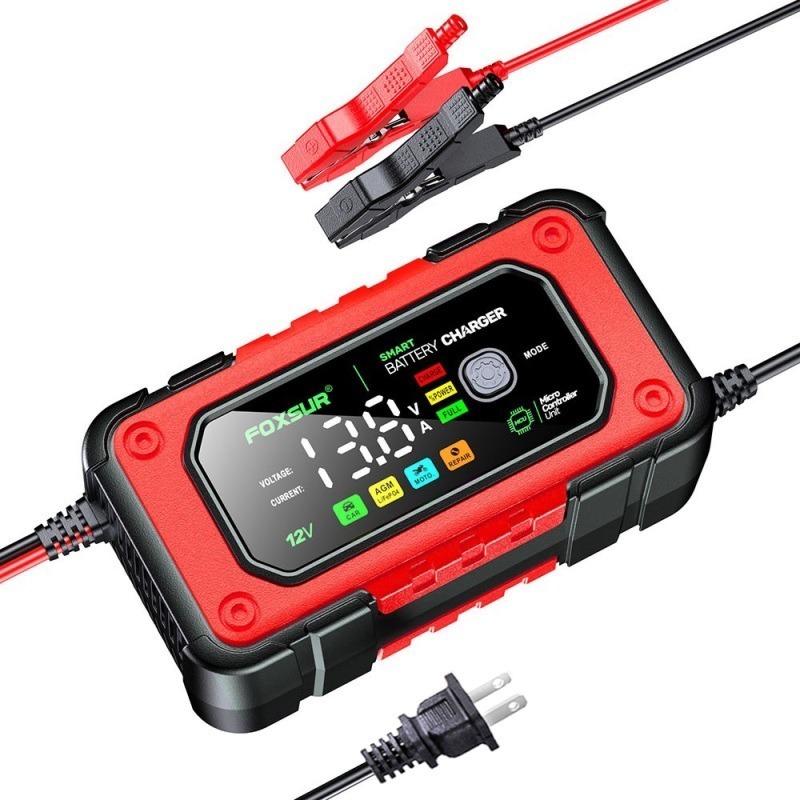 福克斯 FBC-1207 12V 7A入門型汽車電池充電器，雙模支援鉛酸 鋰鐵電池 全彩LCD 大螢幕 檢測 充電 修復-細節圖2