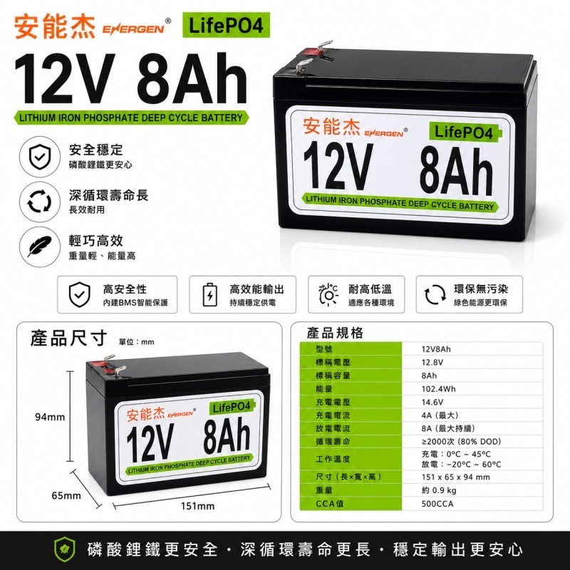 安能杰 磷酸鋰鐵不斷電UPS電池 NP8-12 (12V 8AH)，取代鉛酸NP7-12、NP7.2-12、WP8-12-細節圖3