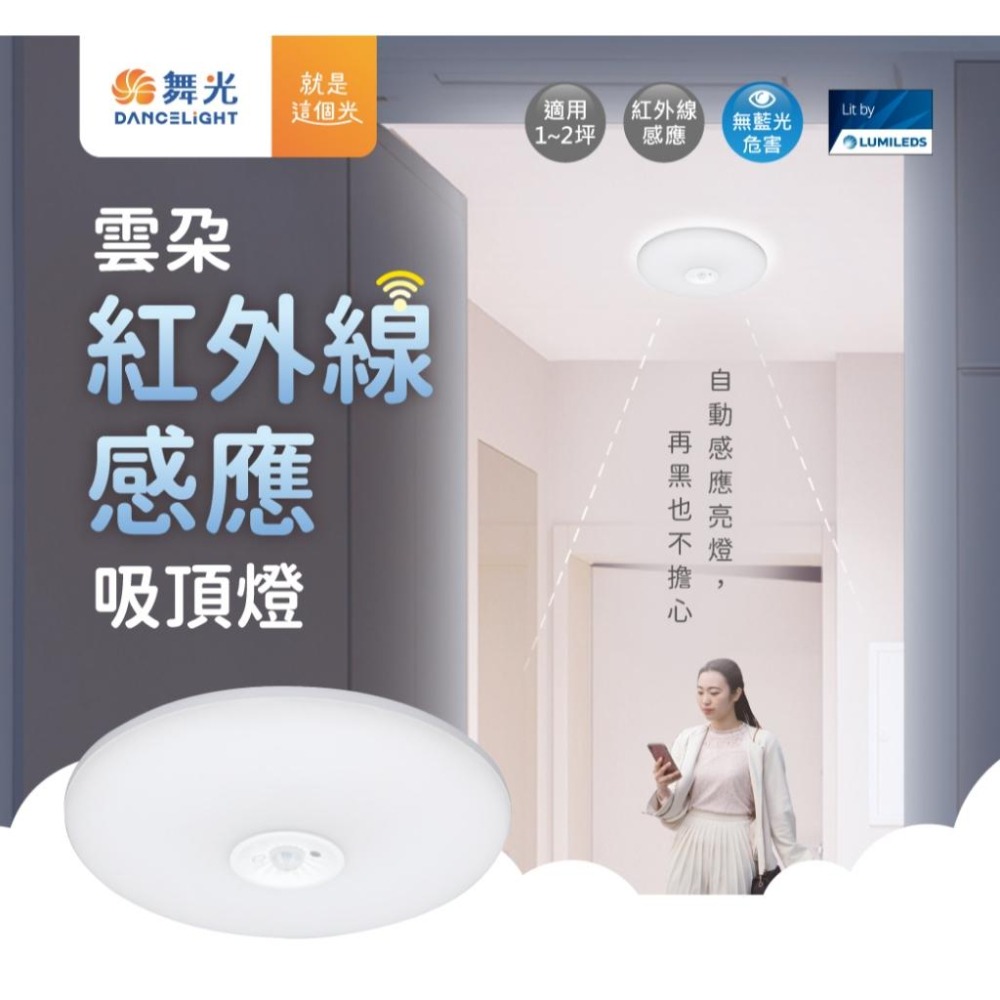 【舞光】含稅~16W雲朵感應吸頂燈~紅外線感應~日夜雙模式可選~感應距離六米~走廊~廁所~玄關皆可用-細節圖3