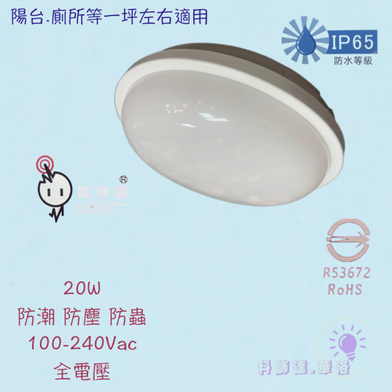 1坪多適用！BSMI認證20W吸頂燈！防水等級IP65防潮防蟲！陽台燈/玄關燈/廚房燈/儲藏室燈/吸頂燈.-細節圖2