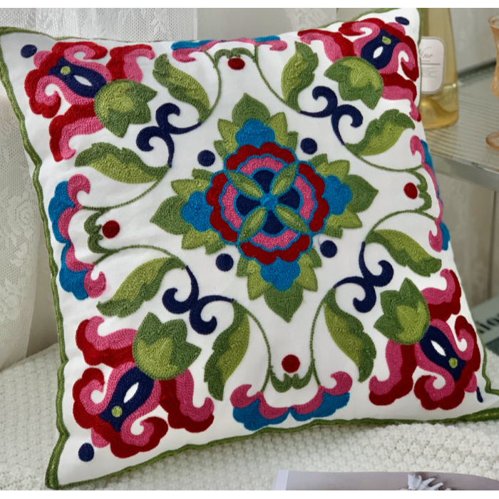 【LaMaison家居】熱銷美加歐洲跨境各國 ins風帆布毛巾繡抱枕套 民族花卉圖騰刺繡家居沙發抱枕套  (不含芯)-細節圖3