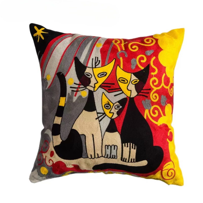 【LaMaison家居】熱銷美加歐洲跨境各國 ins風帆布毛巾繡抱枕套 畢卡索風格貓家族家居沙發抱枕套  (不含芯)-細節圖6