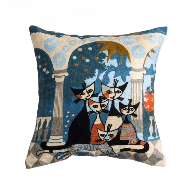 【LaMaison家居】熱銷美加歐洲跨境各國 ins風帆布毛巾繡抱枕套 畢卡索風格貓家族家居沙發抱枕套  (不含芯)-細節圖8