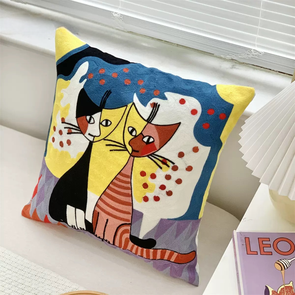 【LaMaison家居】熱銷美加歐洲跨境各國 ins風帆布毛巾繡抱枕套 畢卡索風格貓家族家居沙發抱枕套  (不含芯)-規格圖8