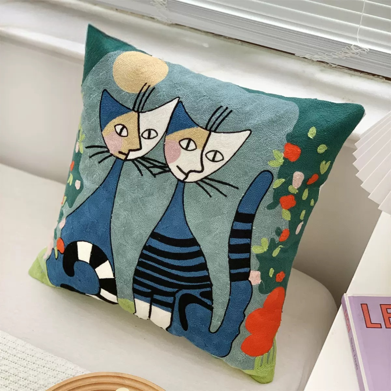 【LaMaison家居】熱銷美加歐洲跨境各國 ins風帆布毛巾繡抱枕套 畢卡索風格貓家族家居沙發抱枕套  (不含芯)-規格圖8