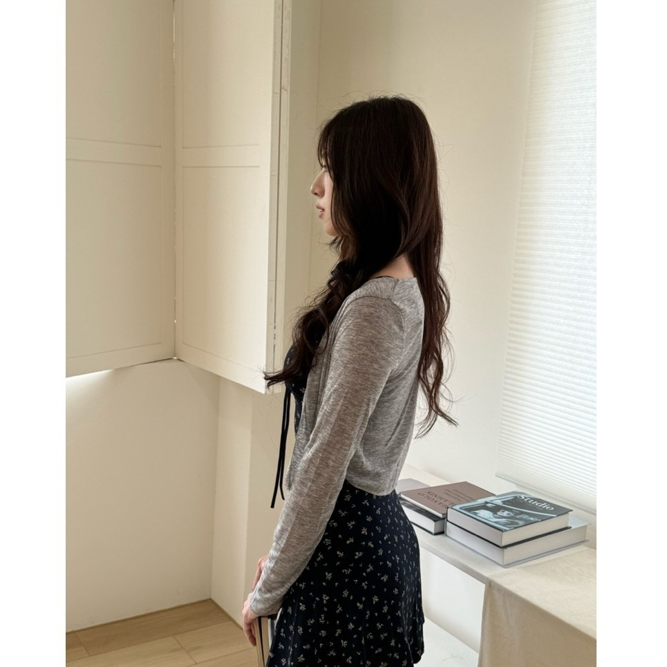bunny_stall 薄款灰色短版罩衫+收腰顯瘦的碎花吊帶裙/S-L-細節圖5