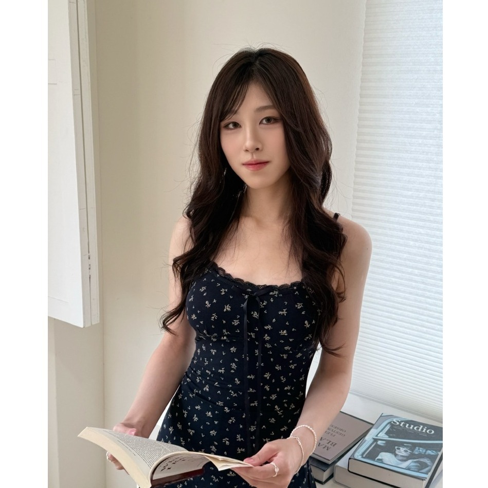 bunny_stall 薄款灰色短版罩衫+收腰顯瘦的碎花吊帶裙/S-L-細節圖6