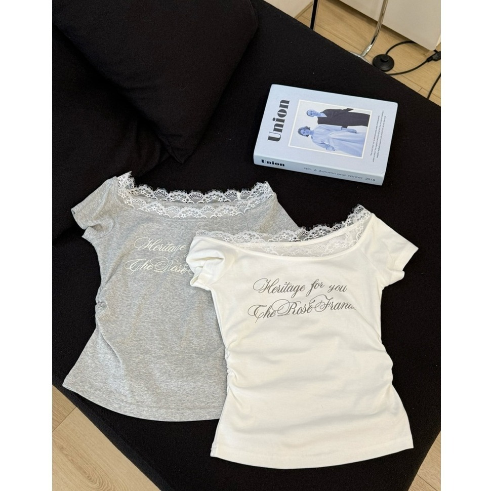 bunny_stall (現貨)頭號甜心💓修身顯瘦的一字領蕾絲拼接上衣/附頸帶/S-L-細節圖7