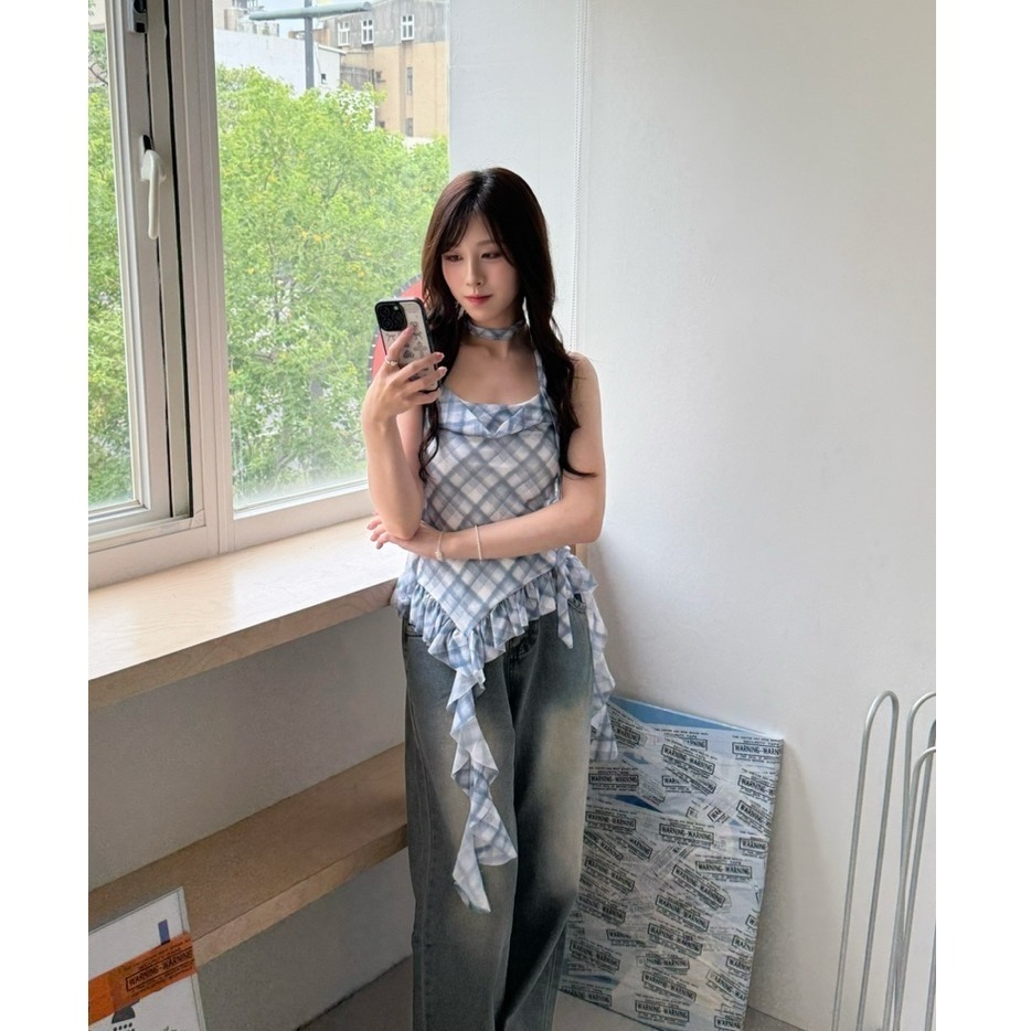 bunny_stall (現貨)法式不規則下擺網紗格紋背心/附頸帶/S-M-細節圖2