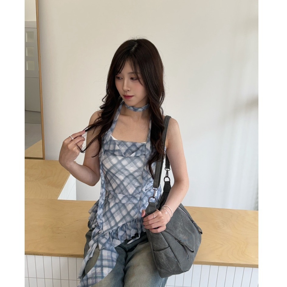 bunny_stall (現貨)法式不規則下擺網紗格紋背心/附頸帶/S-M-細節圖6