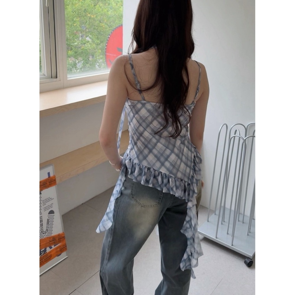 bunny_stall (現貨)法式不規則下擺網紗格紋背心/附頸帶/S-M-細節圖8