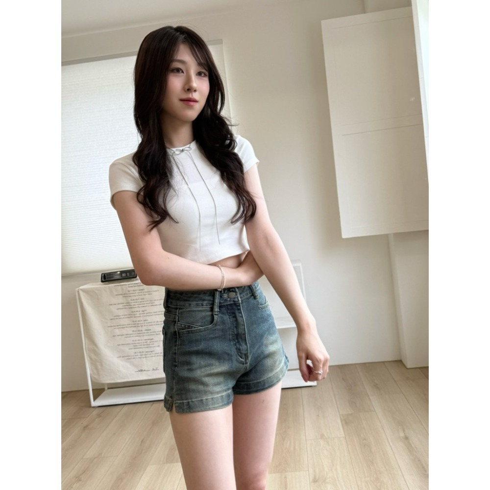 bunny_stall 奔放仲夏💙簡約有型的彈力牛仔短褲/S-XL-細節圖2