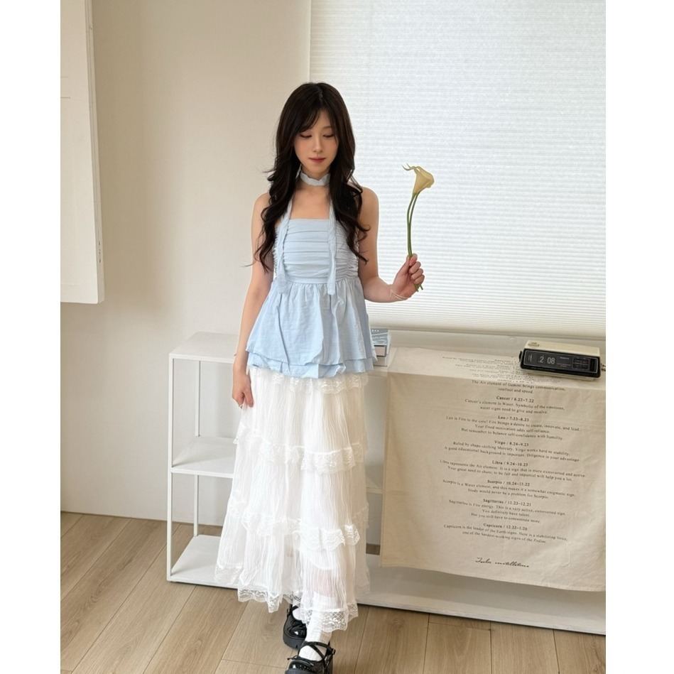 bunny_stall (現貨)浪漫蕾絲紋肌理鬆緊腰蛋糕長裙/3Colors/S-L-細節圖3