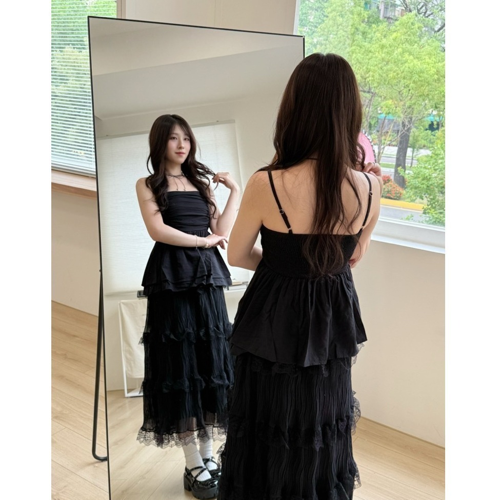 bunny_stall (現貨)浪漫蕾絲紋肌理鬆緊腰蛋糕長裙/3Colors/S-L-細節圖6