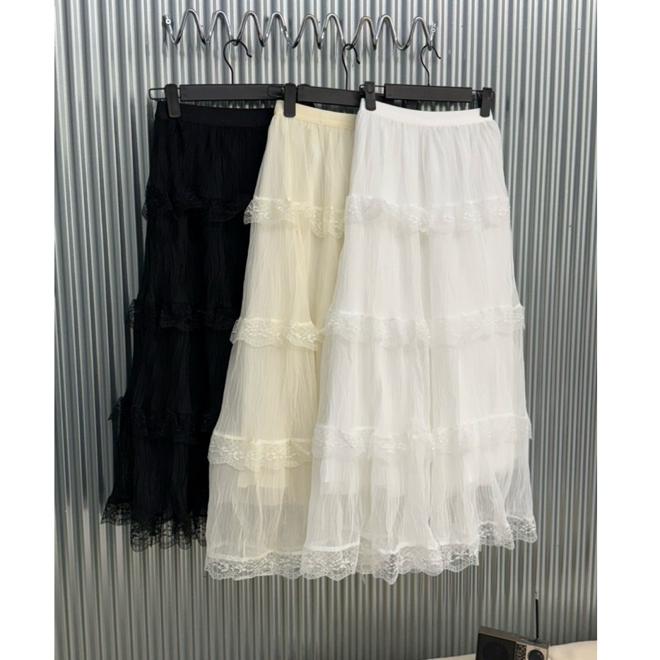 bunny_stall (現貨)浪漫蕾絲紋肌理鬆緊腰蛋糕長裙/3Colors/S-L-細節圖7