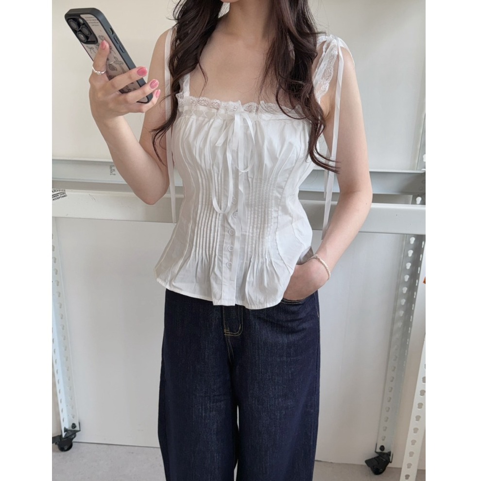 bunny_stall 🤍純慾感滿分的蕾絲拼接綁帶收腰背心/S-L-細節圖2