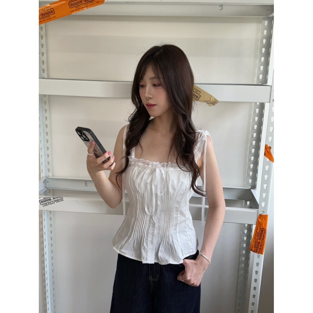 bunny_stall 🤍純慾感滿分的蕾絲拼接綁帶收腰背心/S-L-細節圖3