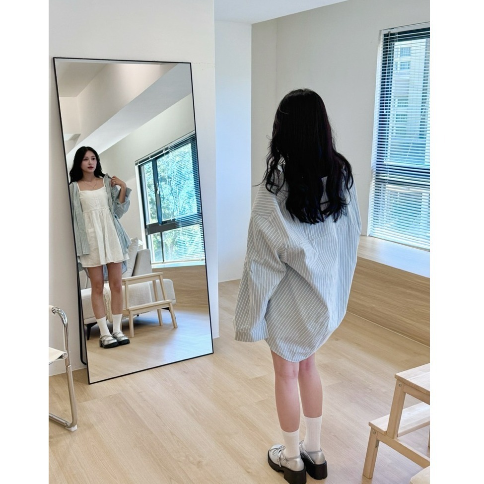 bunny_stall (現貨)嬌小女孩請入手的緹花收腰吊帶裙+寬鬆顯瘦條紋襯衫/S-L-細節圖6