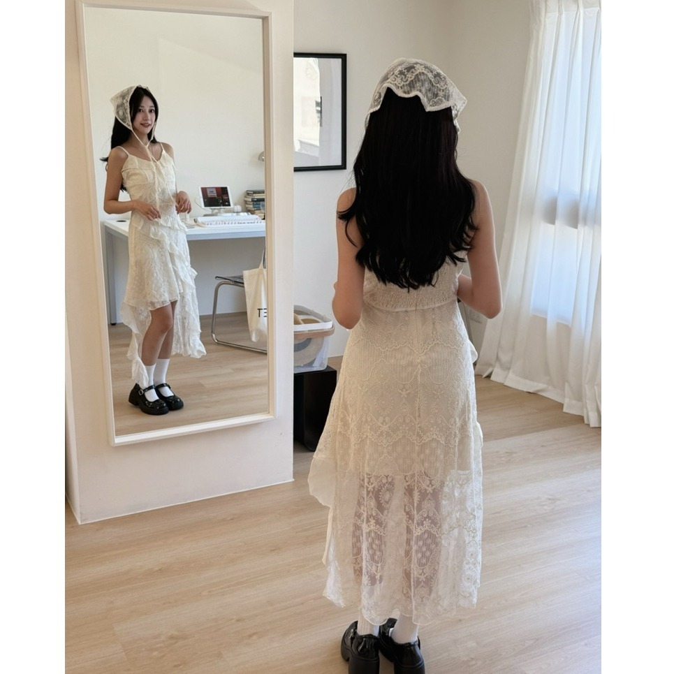 bunny_stall 仙女下凡🤍經典蕾絲不規則裙擺收腰吊帶裙/S-L-細節圖7