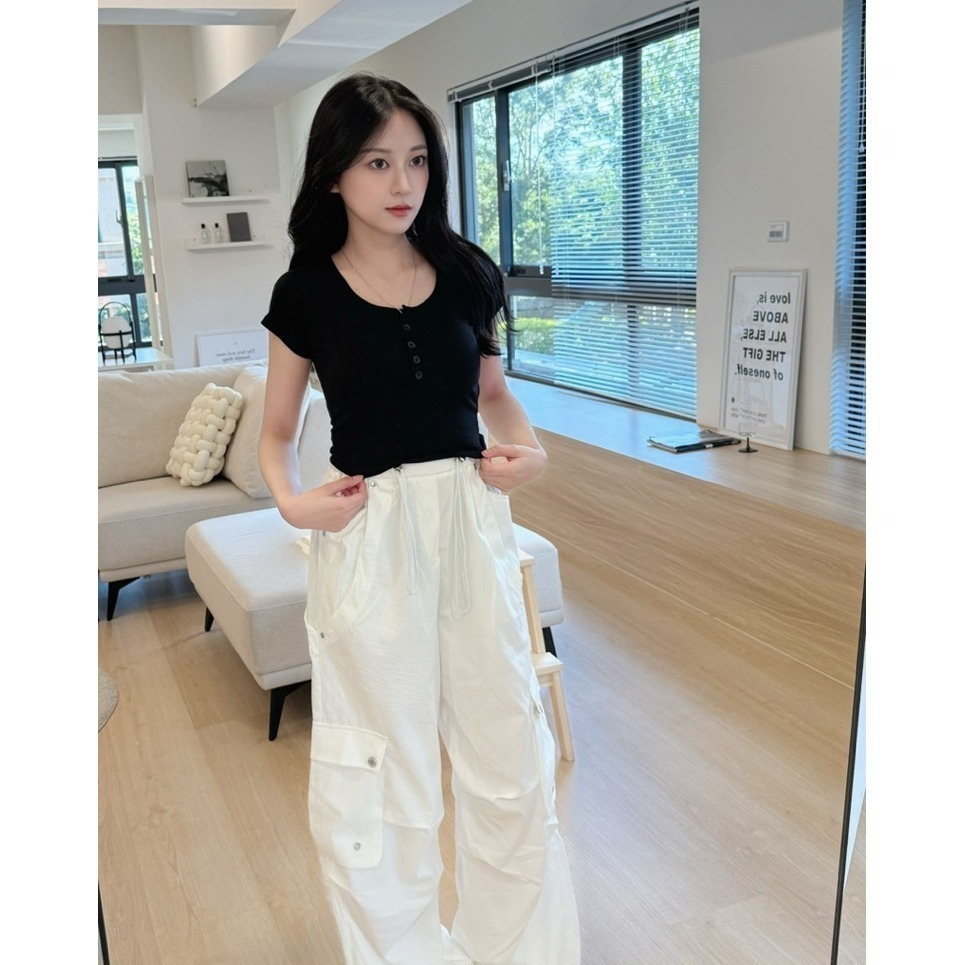 bunny_stall (現貨)夏天要來一件的率性設計感鬆緊腰工裝褲/3Colors/S-L-細節圖2